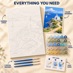 Aegean Chapel paint by numbers kit showing numbered canvas, paint pots, three brushes, color reference and painting guide