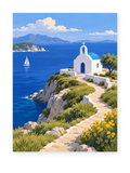 A white chapel and winding path above a deep blue Aegean coastline - coastal paint by numbers artwork