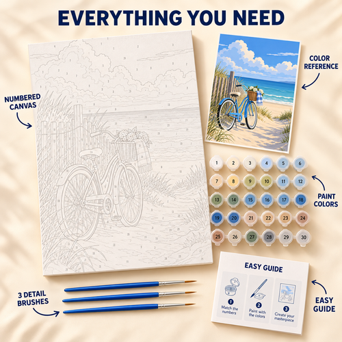 Beach Bicycle paint by numbers kit showing numbered canvas, paint pots, three brushes, color reference and painting guide