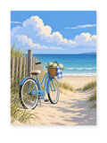A blue bicycle beside a sandy beach path and wooden fence - coastal paint by numbers artwork