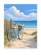 A blue bicycle beside a sandy beach path and wooden fence - coastal paint by numbers artwork