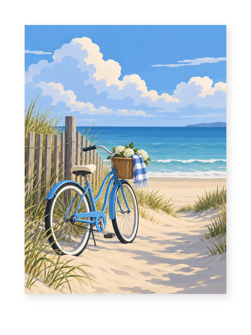 A blue bicycle beside a sandy beach path and wooden fence - coastal paint by numbers artwork