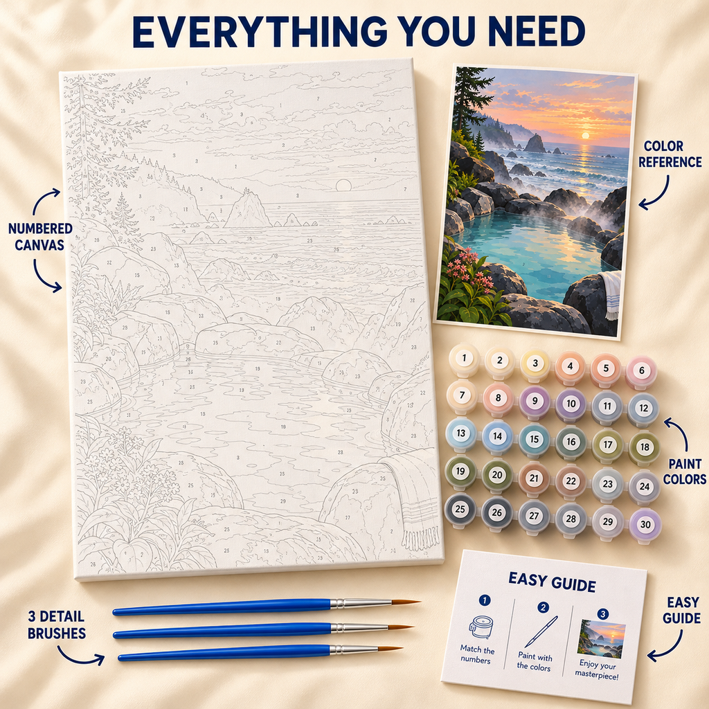 Sunset Tide Pool paint by numbers kit showing numbered canvas, paint pots, three brushes, color reference and painting guide
