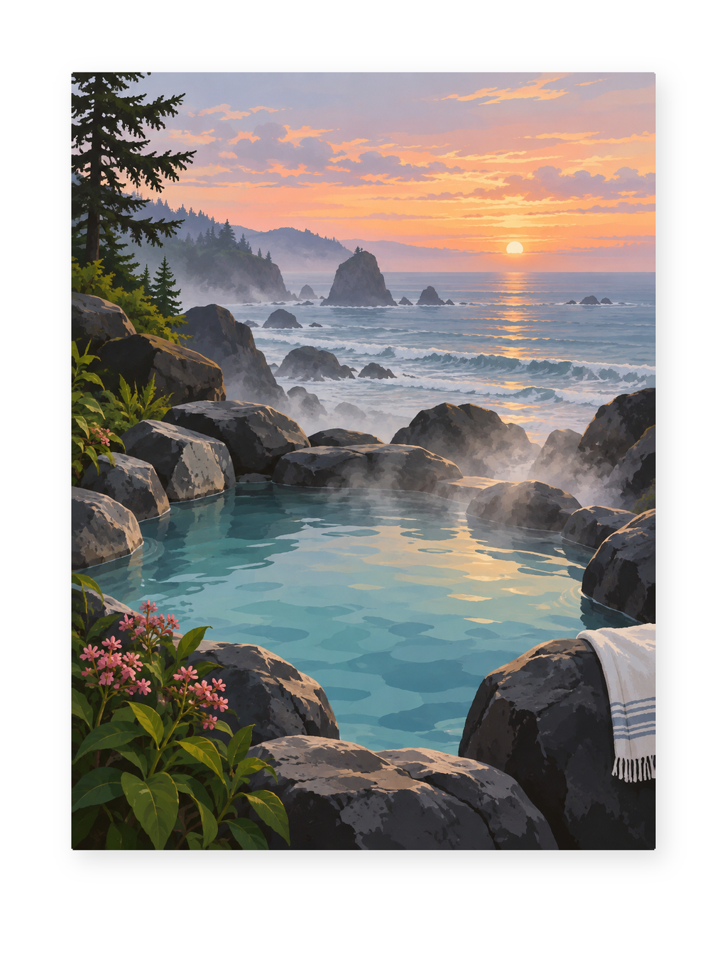 A rocky coastal pool overlooking ocean waves at sunset - coastal paint by numbers artwork