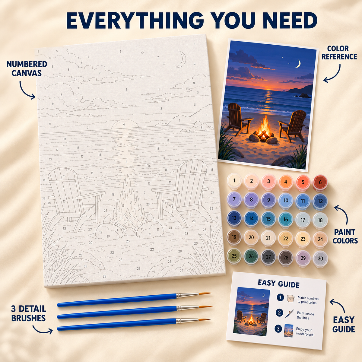 Moonlit Beach Fire paint by numbers kit showing numbered canvas, paint pots, three brushes, color reference and painting guide
