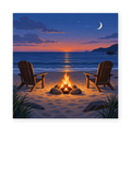 Two wooden beach chairs beside a campfire under a crescent moon - coastal paint by numbers artwork