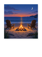 Two wooden beach chairs beside a campfire under a crescent moon - coastal paint by numbers artwork