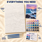 Sunset Waves paint by numbers kit showing numbered canvas, paint pots, three brushes, color reference and painting guide