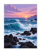 Turquoise waves breaking against dark rocks beneath a pink sunset sky - coastal paint by numbers artwork