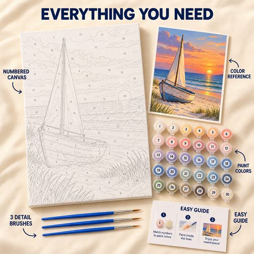 Beached Sailboat paint by numbers kit showing numbered canvas, paint pots, three brushes, color reference and painting guide
