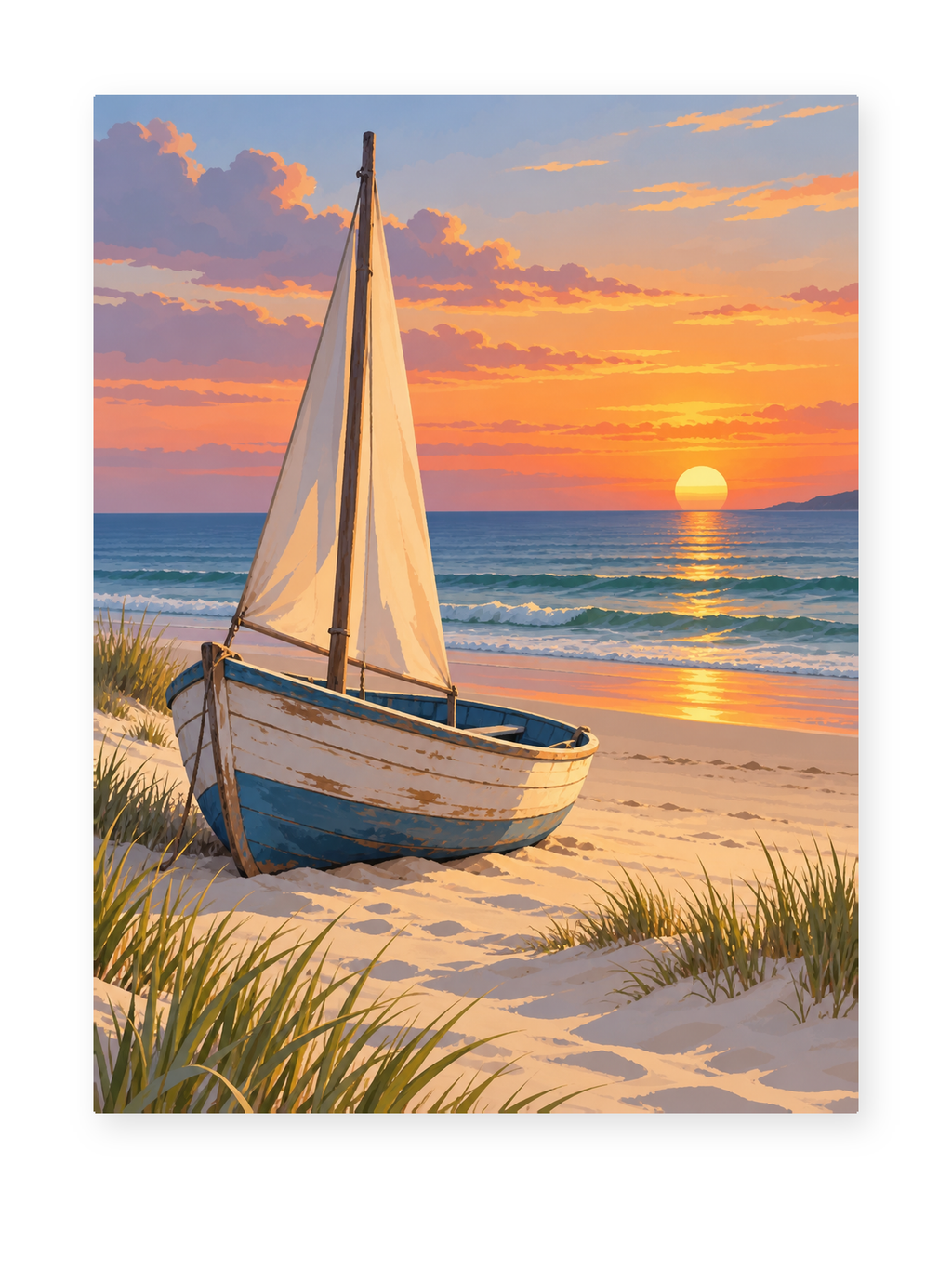 A wooden sailboat resting on a sandy beach in warm evening light - coastal paint by numbers artwork