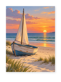 A wooden sailboat resting on a sandy beach in warm evening light - coastal paint by numbers artwork