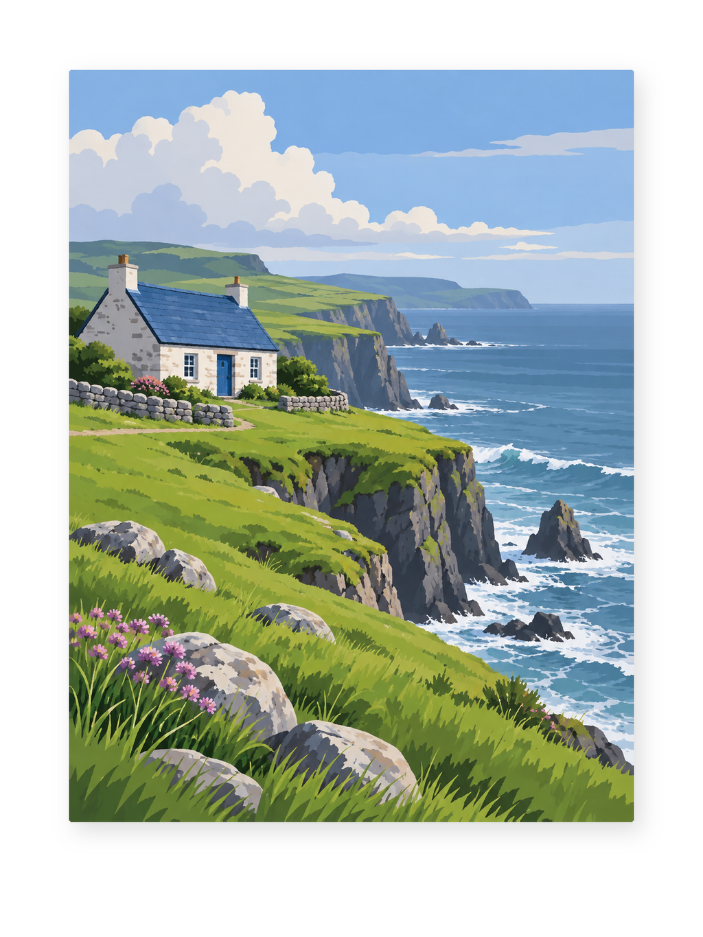 A white cottage above green coastal cliffs and wildflowers - coastal paint by numbers artwork
