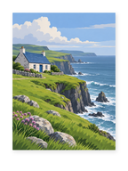 A white cottage above green coastal cliffs and wildflowers - coastal paint by numbers artwork