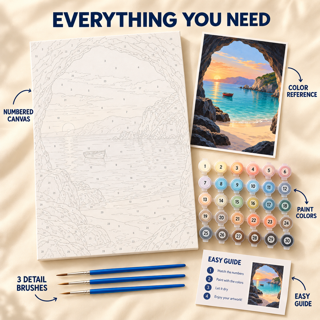 Hidden Cove paint by numbers kit showing numbered canvas, paint pots, three brushes, color reference and painting guide