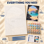 Hidden Cove paint by numbers kit showing numbered canvas, paint pots, three brushes, color reference and painting guide