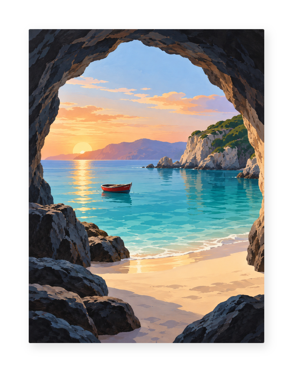 A sandy cove and small red boat viewed through a dark sea cave at sunset - coastal paint by numbers artwork