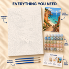 Cove Stairway paint by numbers kit showing numbered canvas, paint pots, three brushes, color reference and painting guide