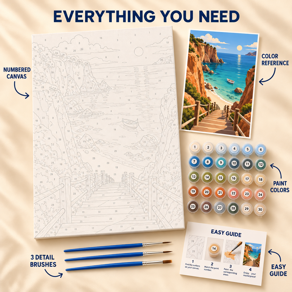 Cove Stairway paint by numbers kit showing numbered canvas, paint pots, three brushes, color reference and painting guide