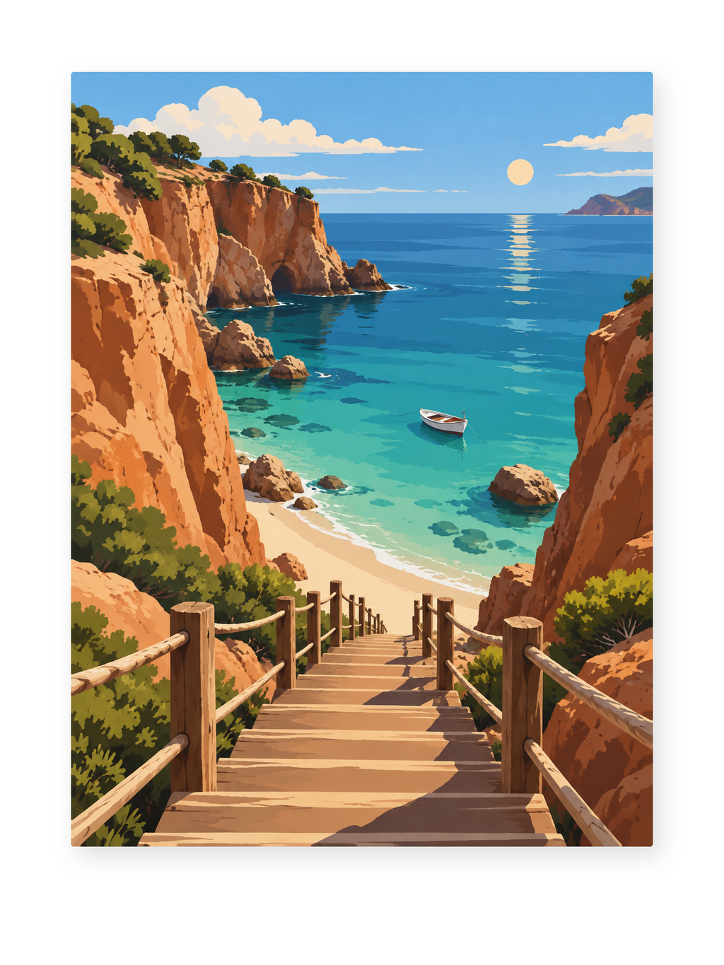 Wooden steps descending between golden cliffs toward a turquoise cove - coastal paint by numbers artwork