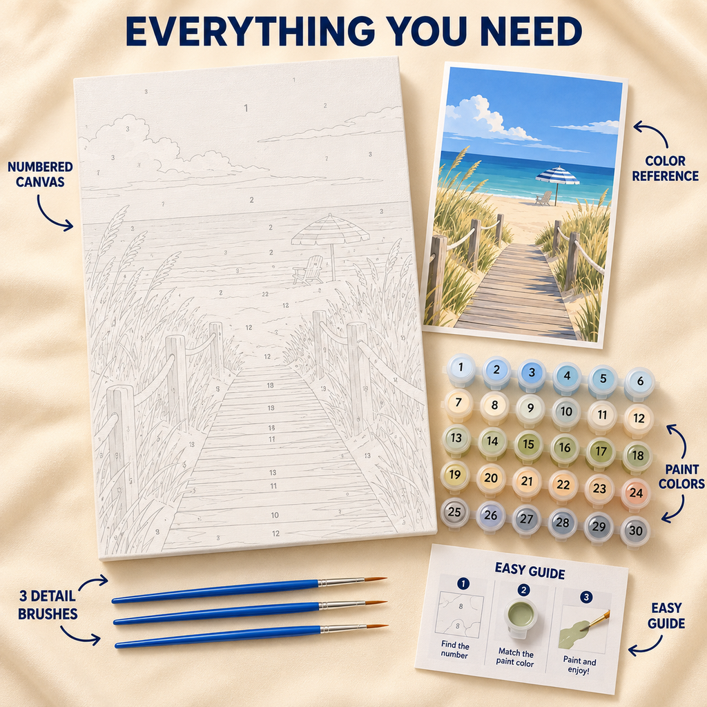 Dune Boardwalk paint by numbers kit showing numbered canvas, paint pots, three brushes, color reference and painting guide