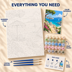 Seaside Terrace paint by numbers kit showing numbered canvas, paint pots, three brushes, color reference and painting guide
