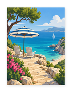 Two white chairs beneath a striped umbrella on a flower-lined coastal terrace - coastal paint by numbers artwork