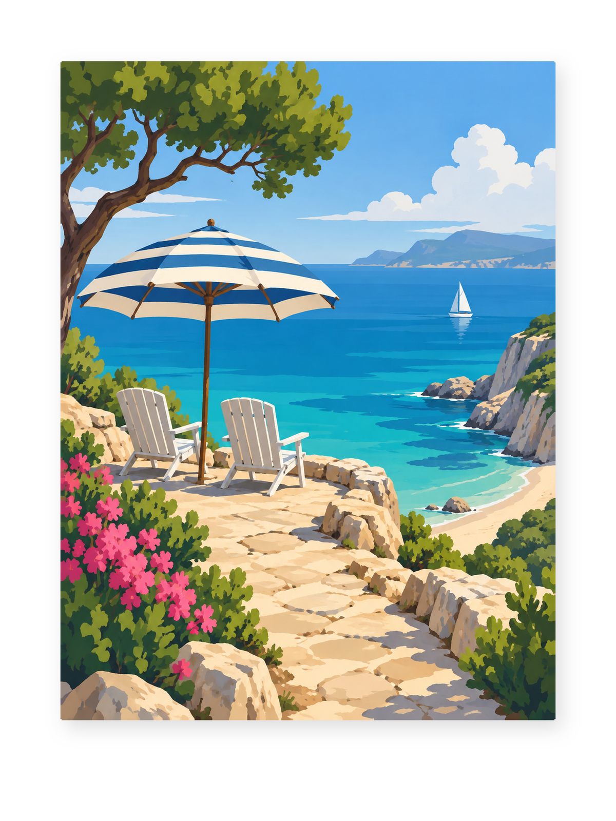 Two white chairs beneath a striped umbrella on a flower-lined coastal terrace - coastal paint by numbers artwork