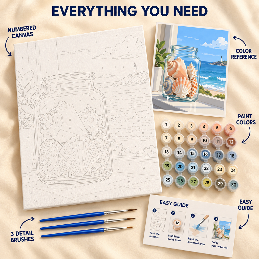 Seashell Window paint by numbers kit showing numbered canvas, paint pots, three brushes, color reference and painting guide
