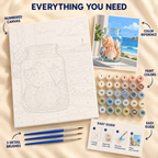 Seashell Window paint by numbers kit showing numbered canvas, paint pots, three brushes, color reference and painting guide