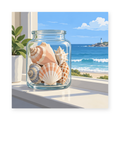 A glass jar filled with seashells on a sunlit windowsill overlooking the sea - coastal paint by numbers artwork