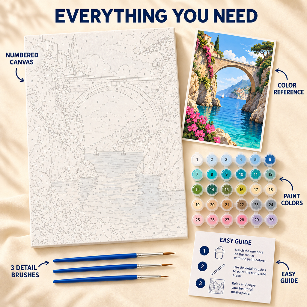 Amalfi Stone Bridge paint by numbers kit showing numbered canvas, paint pots, three brushes, color reference and painting guide