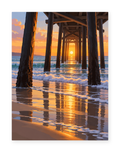 The setting sun shining through wooden pier supports above shallow waves - coastal paint by numbers artwork