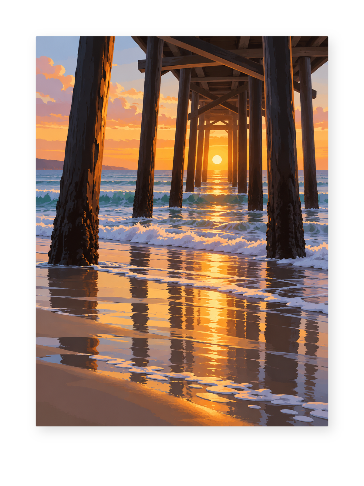 The setting sun shining through wooden pier supports above shallow waves - coastal paint by numbers artwork