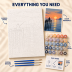 Sunset Fishing paint by numbers kit showing numbered canvas, paint pots, three brushes, color reference and painting guide