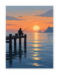 A lone angler silhouetted on a pier beside still water at sunset - coastal paint by numbers artwork