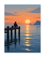 A lone angler silhouetted on a pier beside still water at sunset - coastal paint by numbers artwork