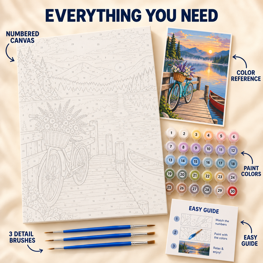 Lakeside Bicycle paint by numbers kit showing numbered canvas, paint pots, three brushes, color reference and painting guide