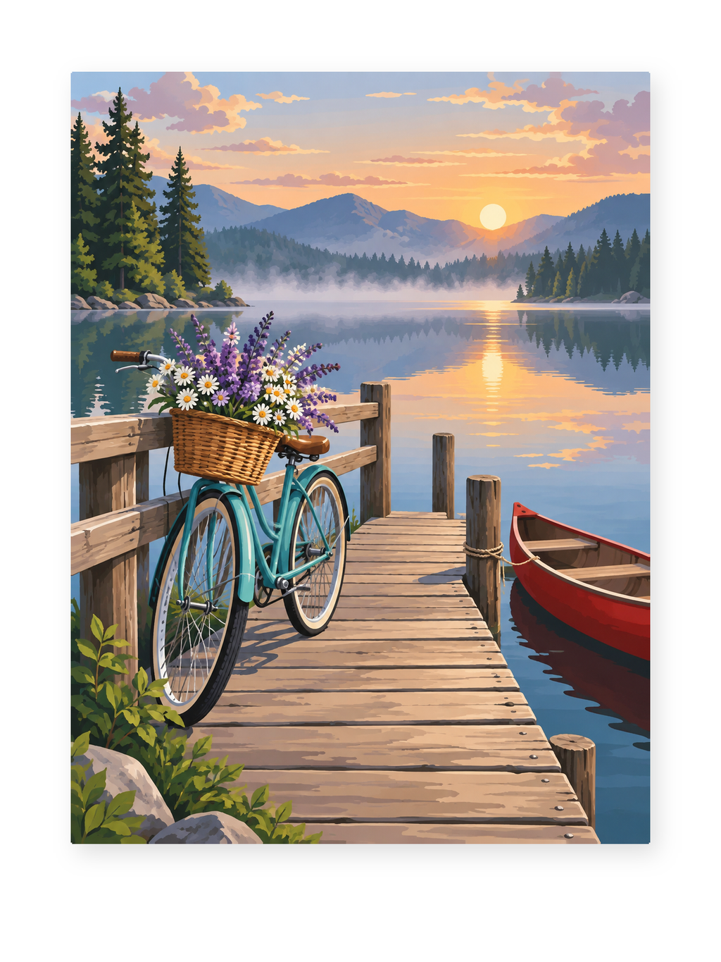 A flower-basket bicycle on a wooden lakeside dock beside a red boat at sunrise - coastal paint by numbers artwork