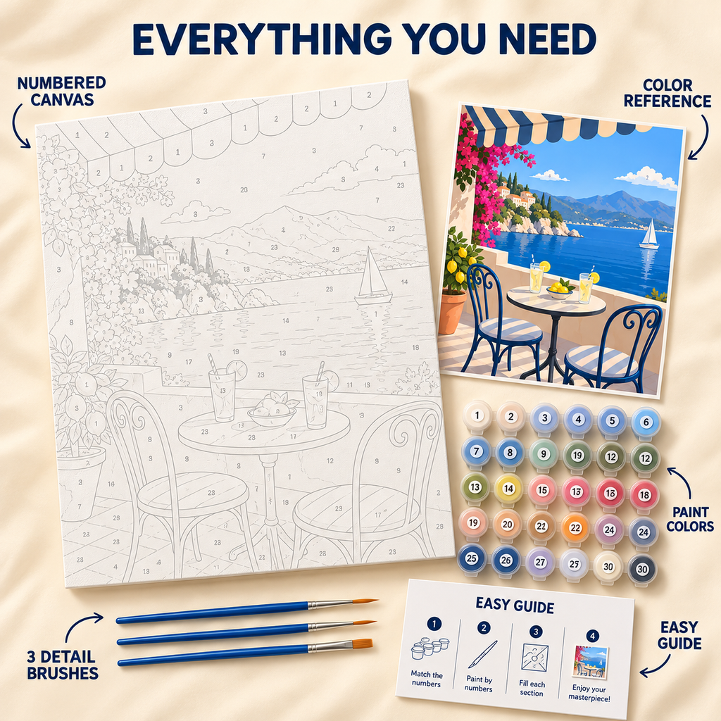 Riviera Cafe paint by numbers kit showing numbered canvas, paint pots, three brushes, color reference and painting guide