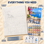 Riviera Cafe paint by numbers kit showing numbered canvas, paint pots, three brushes, color reference and painting guide
