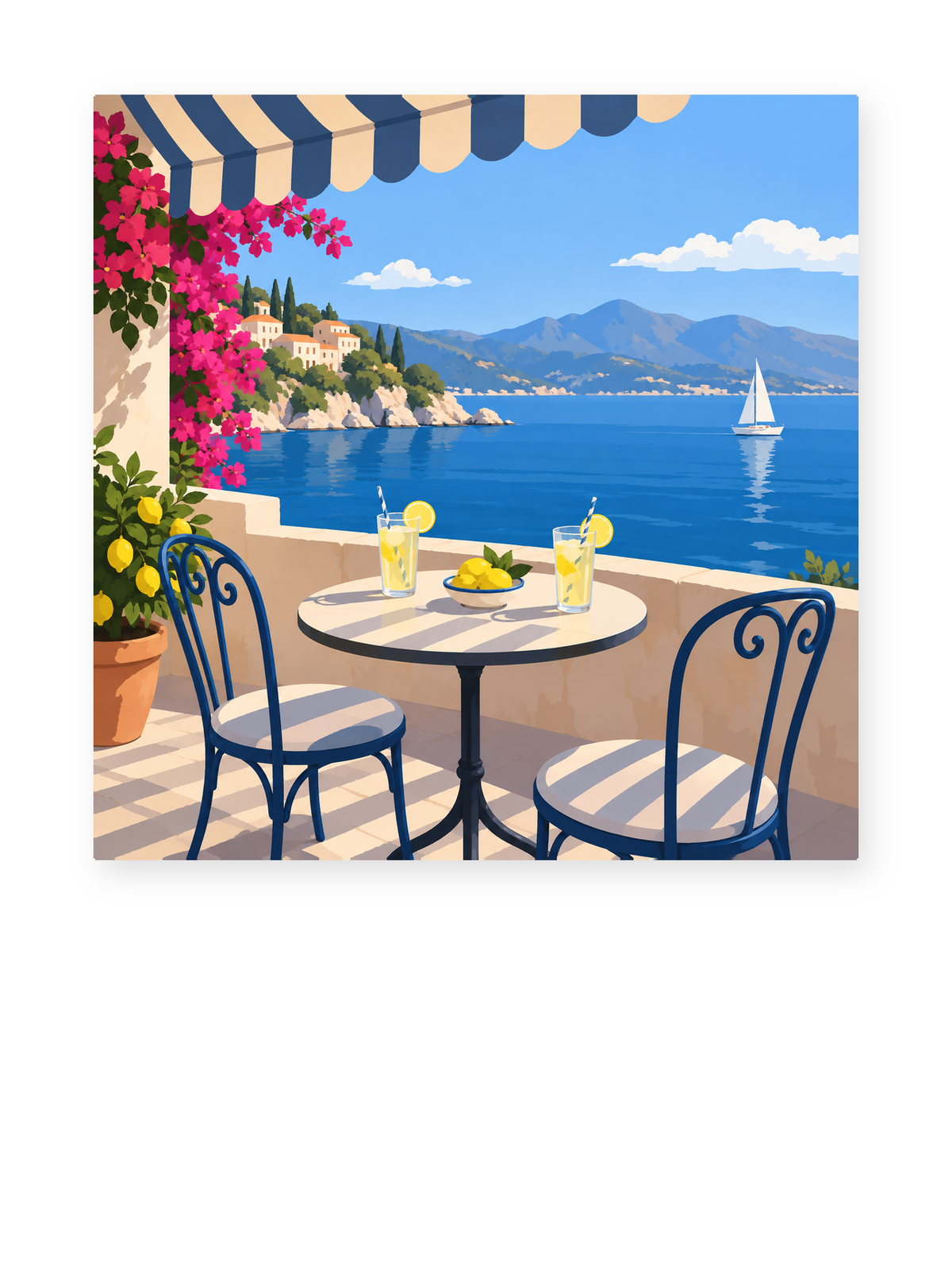 A cafe table with two drinks beneath a striped awning overlooking a blue bay - coastal paint by numbers artwork