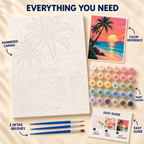 Tropical Sunset paint by numbers kit showing numbered canvas, paint pots, three brushes, color reference and painting guide
