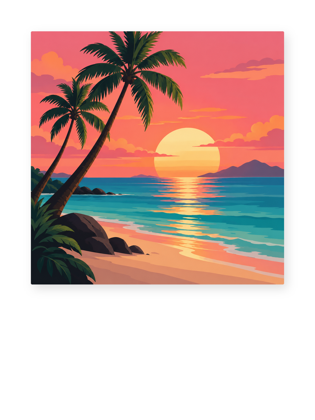 Palm trees silhouetted beside a tropical beach and a glowing orange sunset - coastal paint by numbers artwork