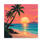 Palm trees silhouetted beside a tropical beach and a glowing orange sunset - coastal paint by numbers artwork