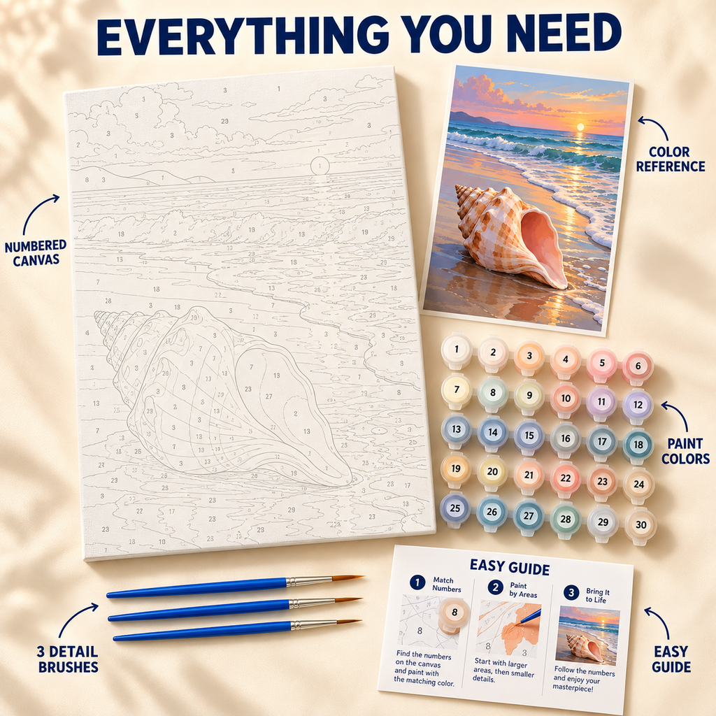 Sunset Seashell paint by numbers kit showing numbered canvas, paint pots, three brushes, color reference and painting guide