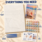 Sunset Seashell paint by numbers kit showing numbered canvas, paint pots, three brushes, color reference and painting guide