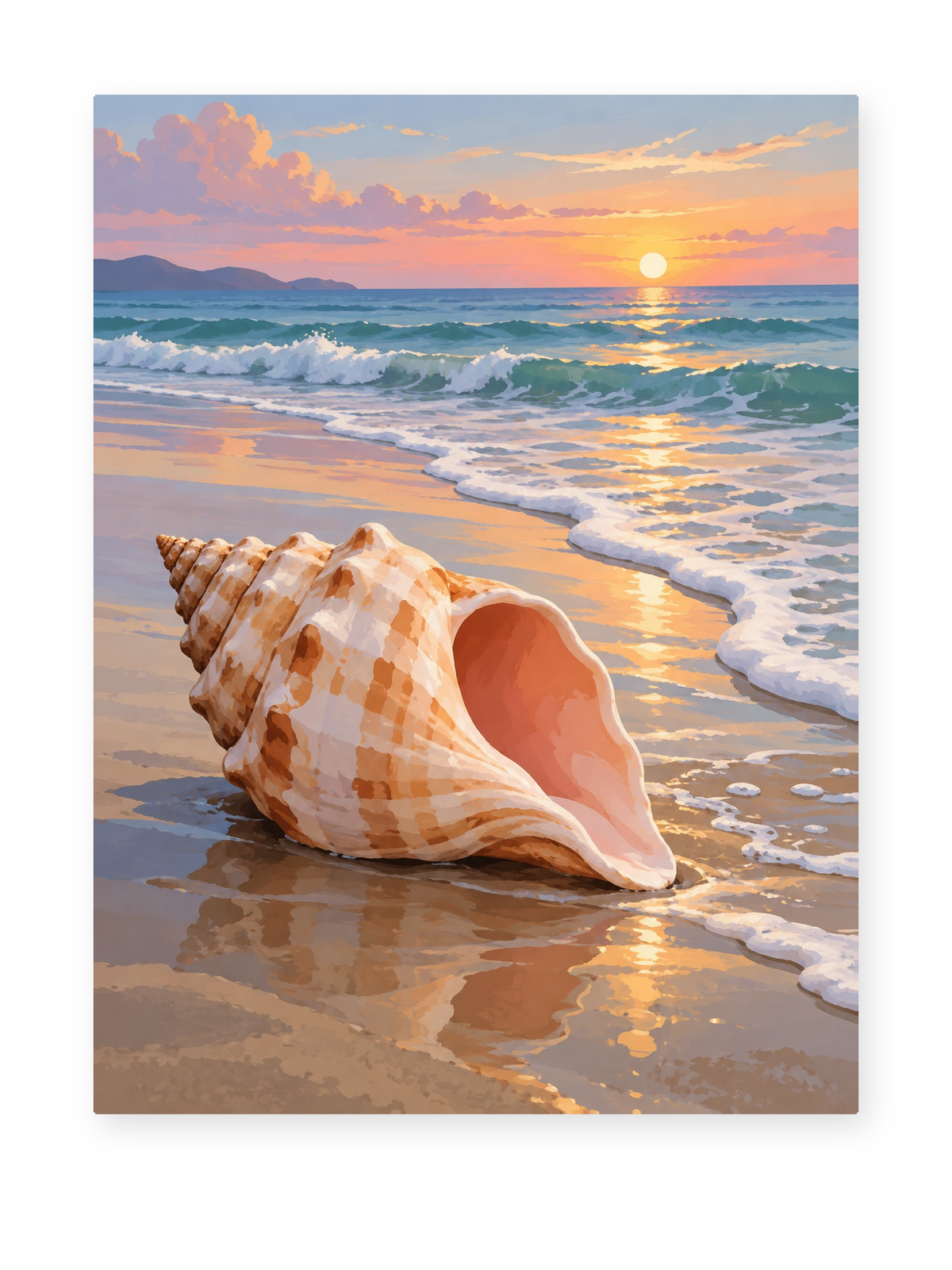 A large seashell resting on wet sand beside gentle waves at sunset - coastal paint by numbers artwork