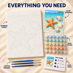 Shallow Starfish paint by numbers kit showing numbered canvas, paint pots, three brushes, color reference and painting guide