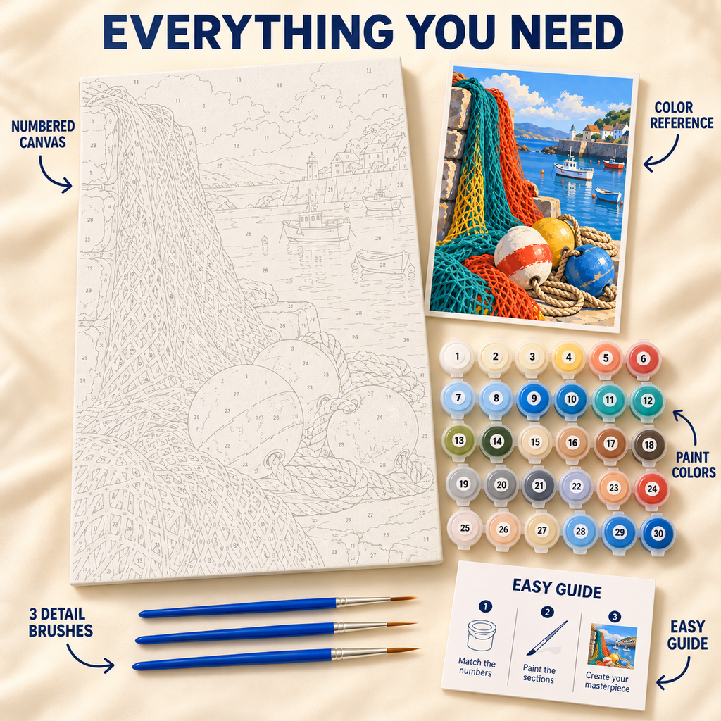 Harbor Fishing Nets paint by numbers kit showing numbered canvas, paint pots, three brushes, color reference and painting guide